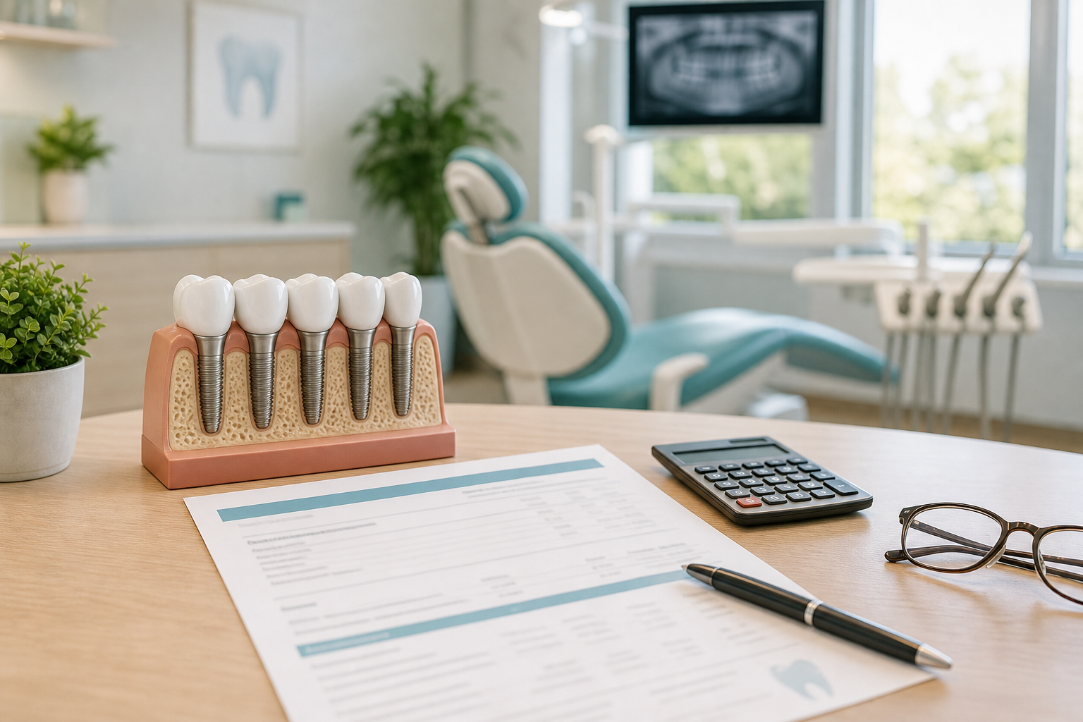 Dental implant consultation desk with treatment estimate, implant model, and calculator for All-on-4 implant budgeting