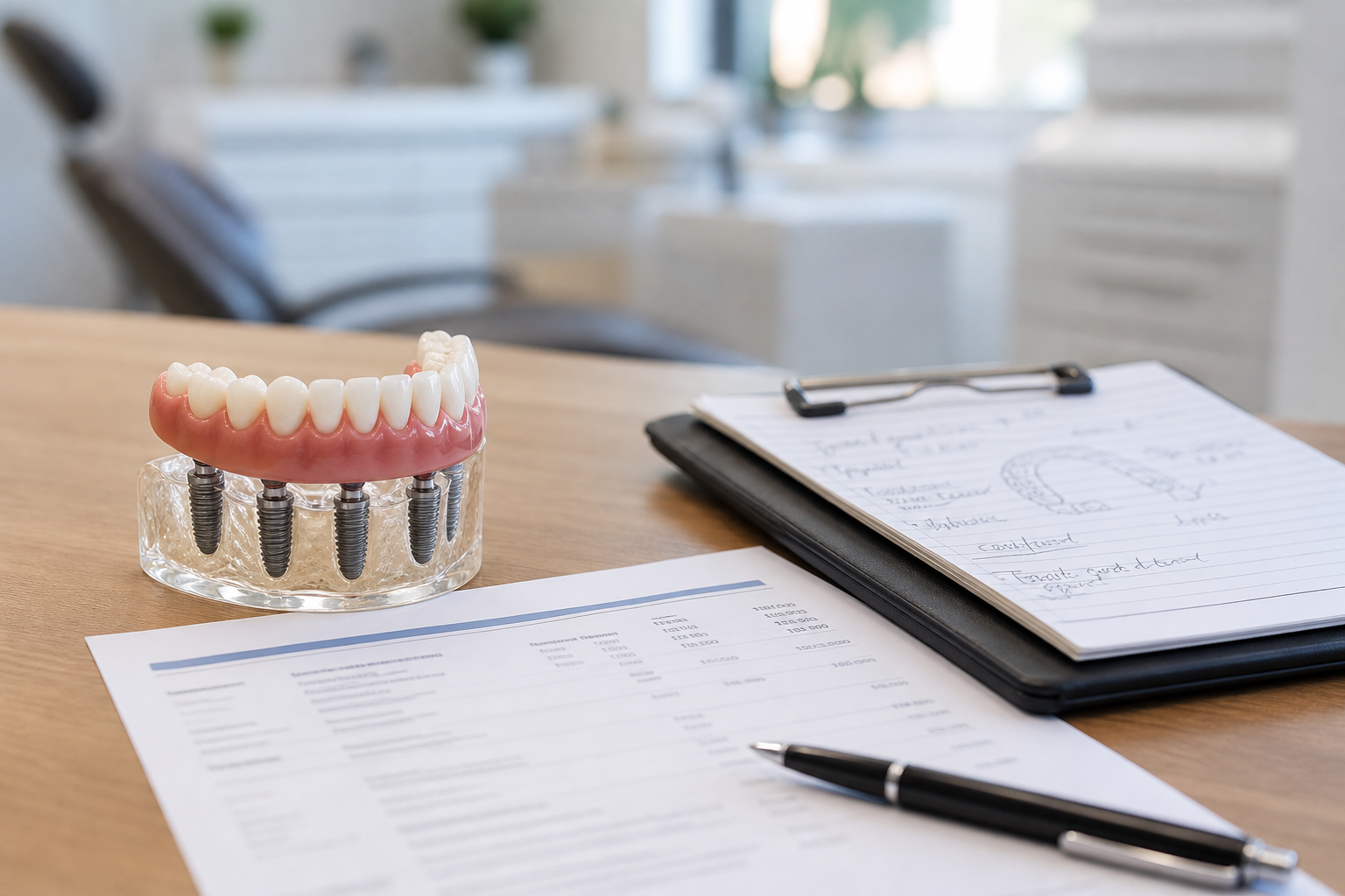 Full-arch All-on-4 implant model beside itemized treatment estimate and consultation notes