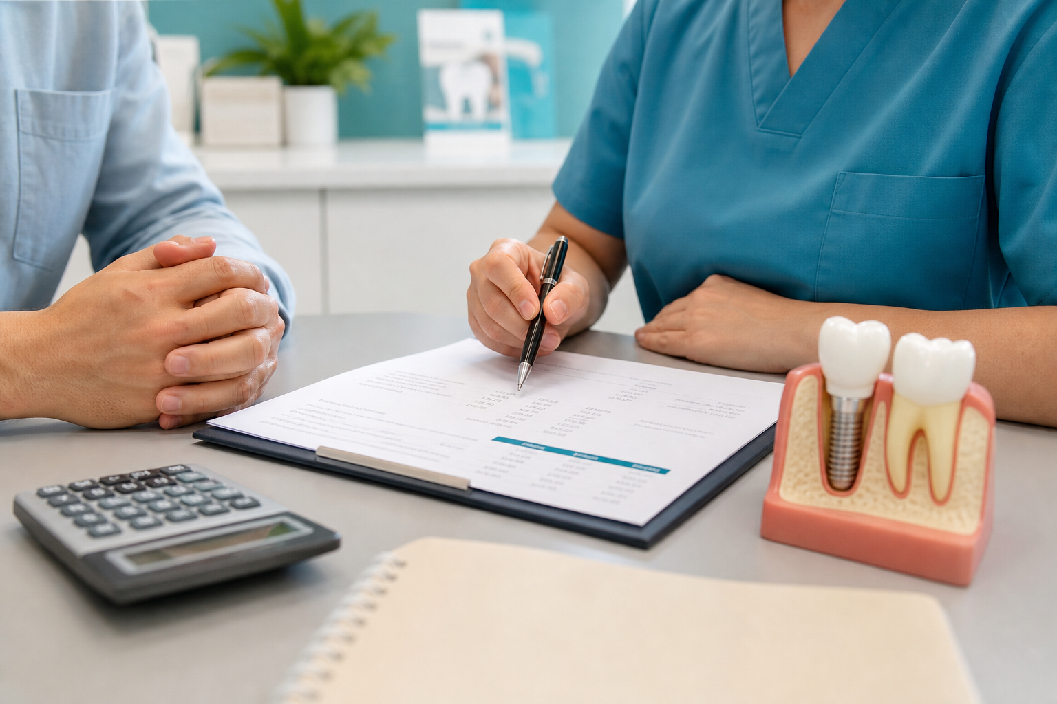 Dental implant consultation desk with treatment estimate, implant model, and calculator for Clear Choice implant cost budgeting