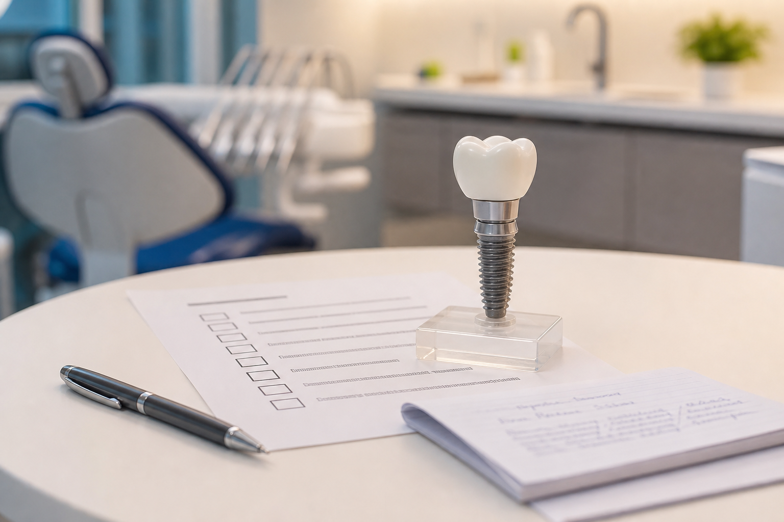 Printed implant cost checklist, dental implant model, and consultation notes on a clinic table