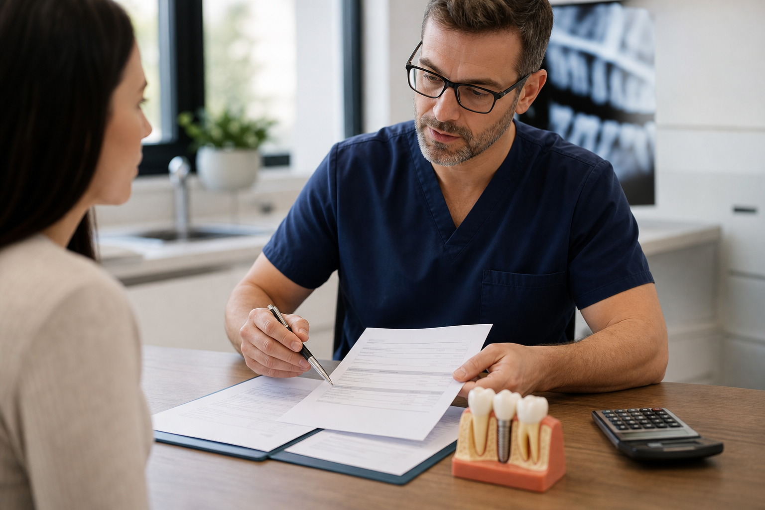 Dental implant consultation desk with treatment estimate, implant model, and calculator