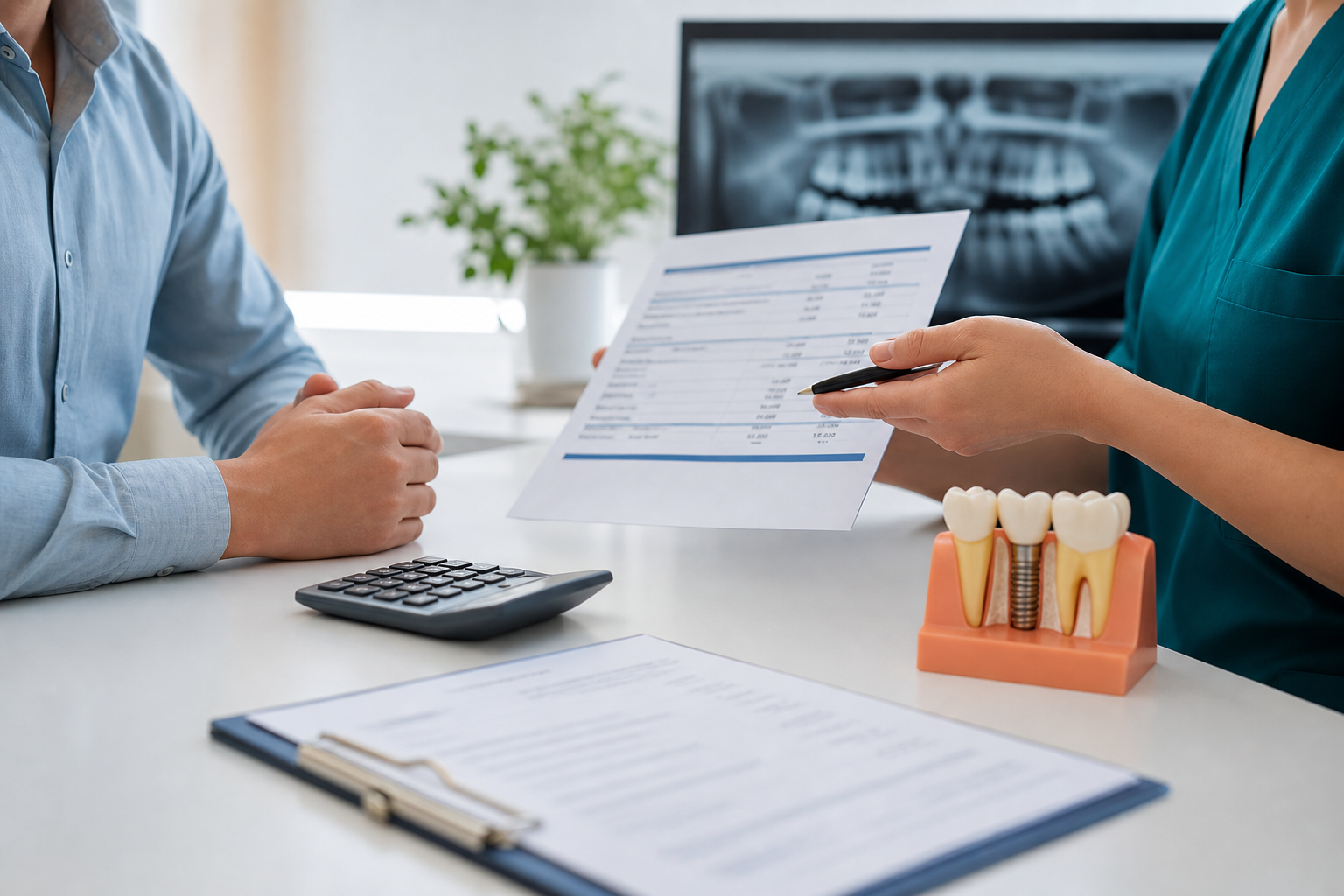 Dental implant consultation desk with treatment estimate, implant model, and calculator