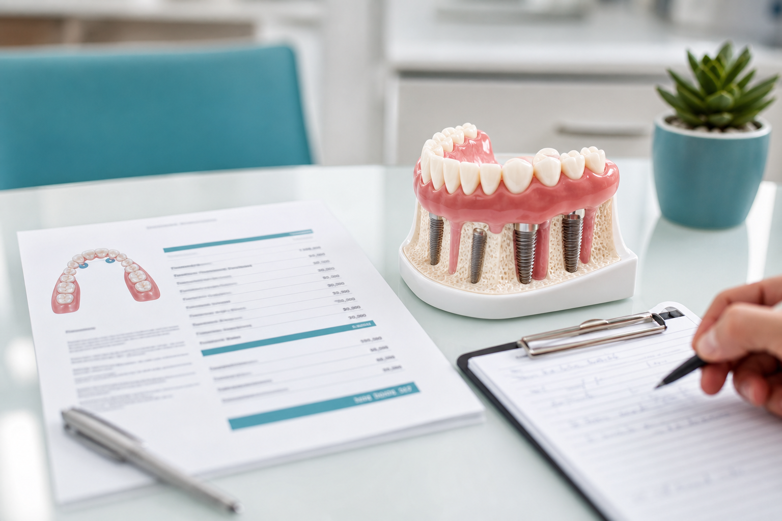 Full-arch implant model beside itemized treatment estimate and consultation notes