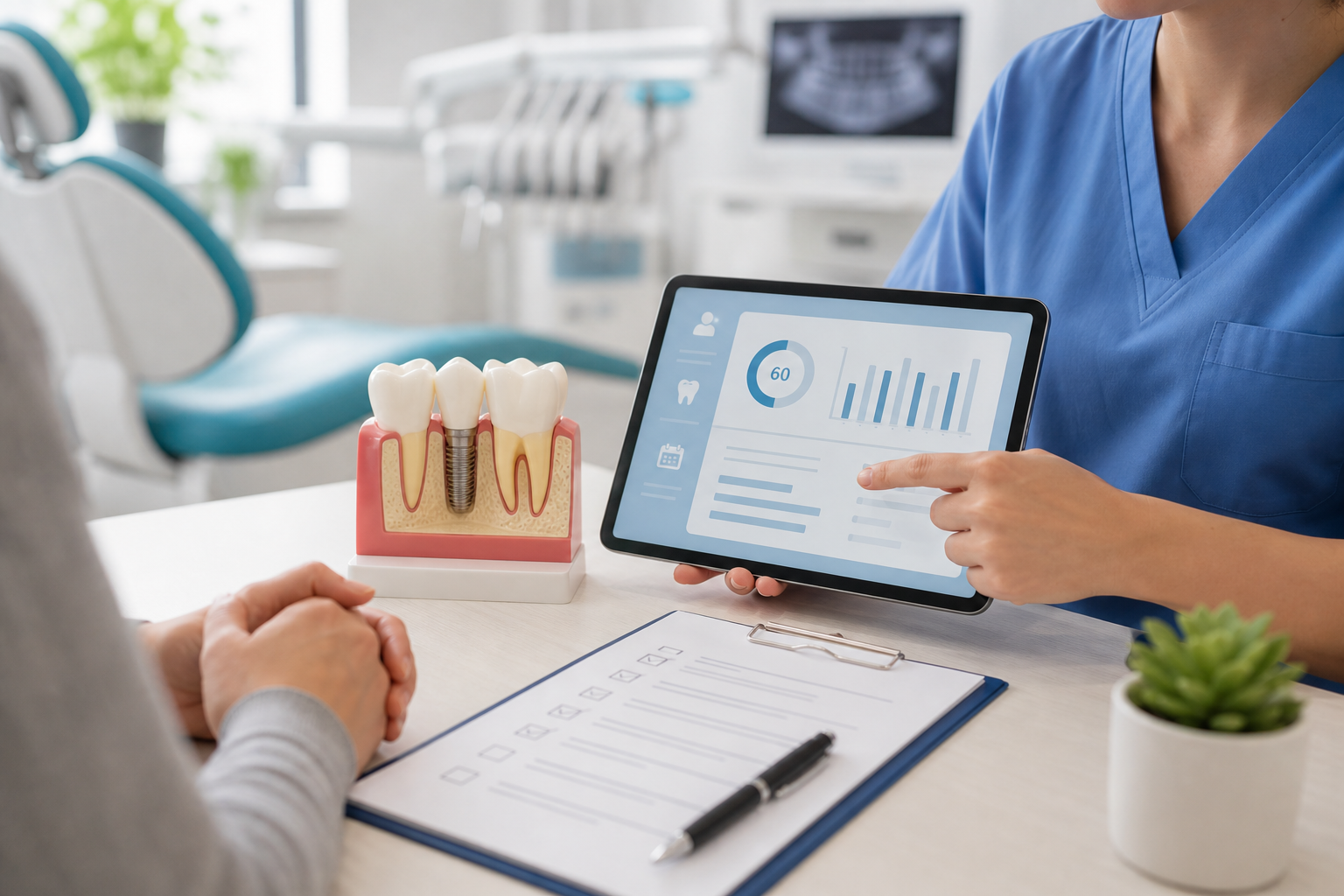 Patient checklist and dental implant model on a clinic consultation table