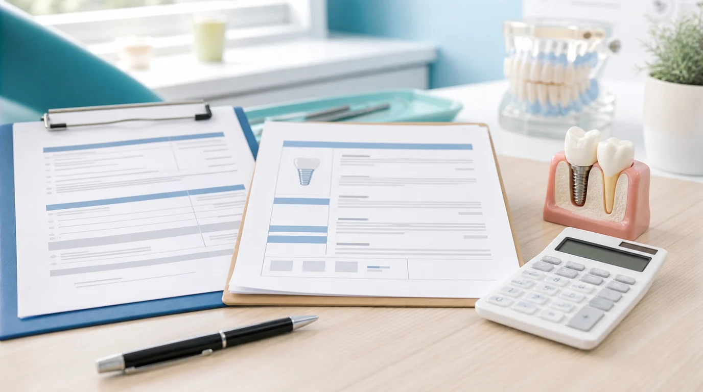 Dental insurance paperwork beside an implant quote and calculator