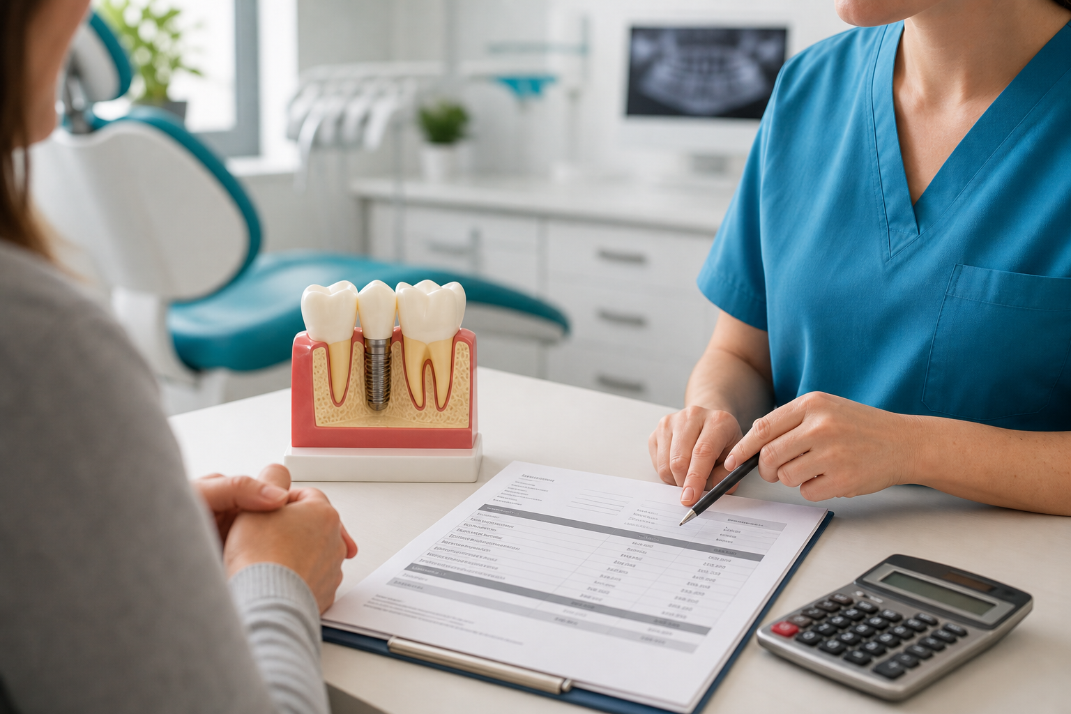 Dental implant consultation desk with treatment estimate, implant model, and calculator