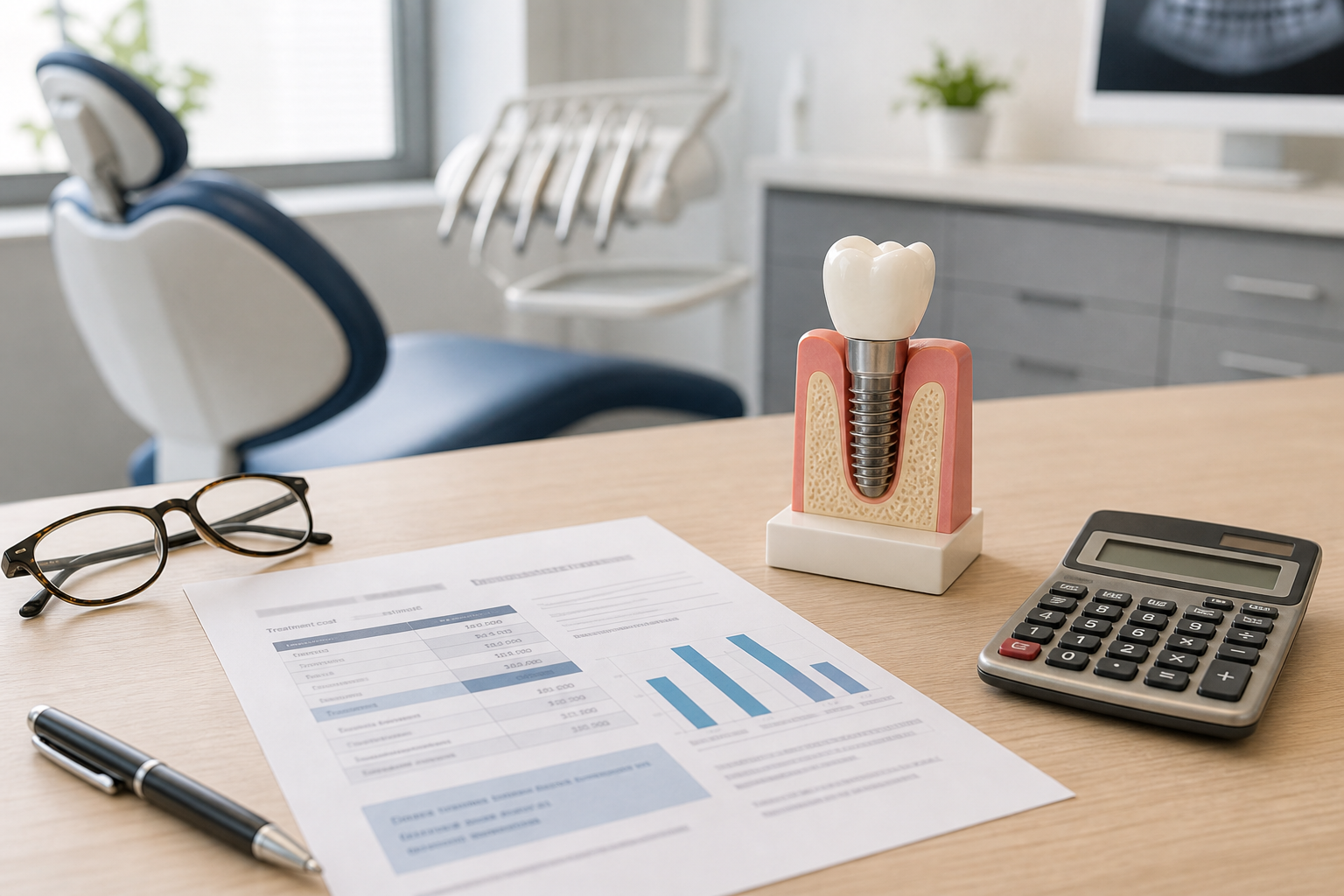Dental implant consultation desk with treatment estimate, implant model, and calculator for full mouth implant budgeting