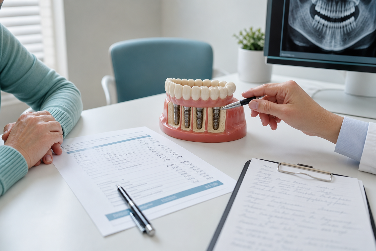 Full-arch dental implant model beside itemized treatment estimate and consultation notes