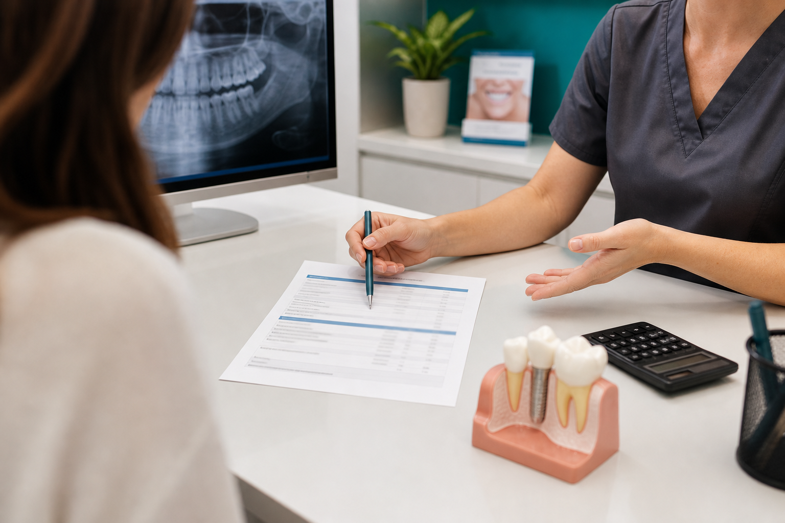 Dental implant consultation desk with treatment estimate, implant model, and calculator