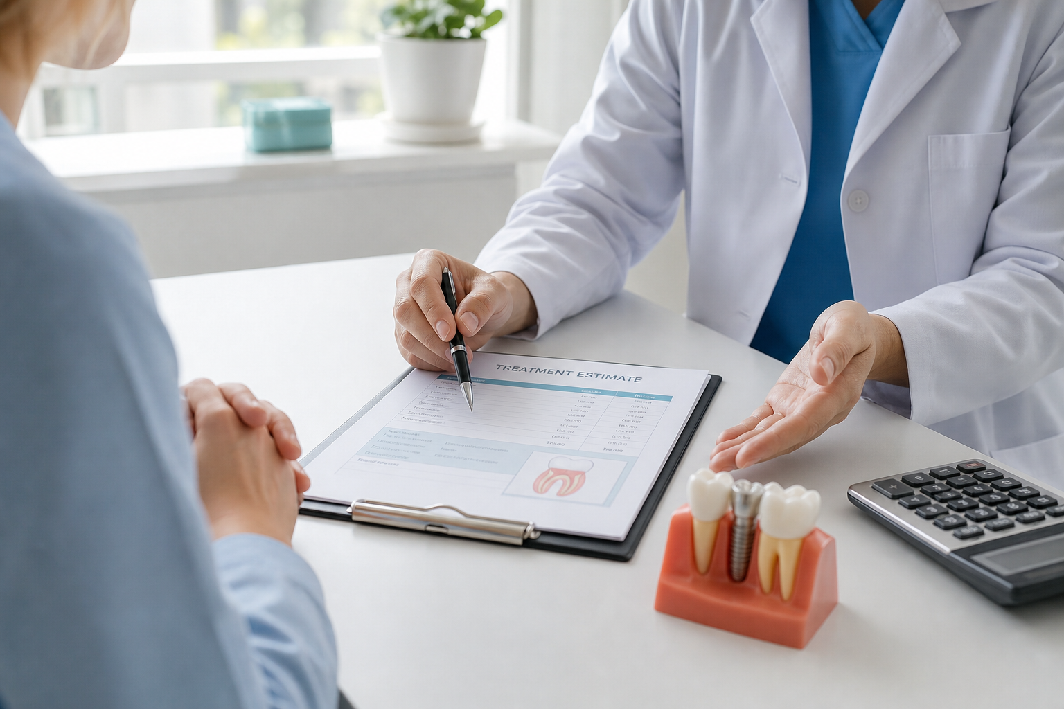 Dental implant consultation desk with treatment estimate, implant model, and calculator for Nuvia implant cost budgeting