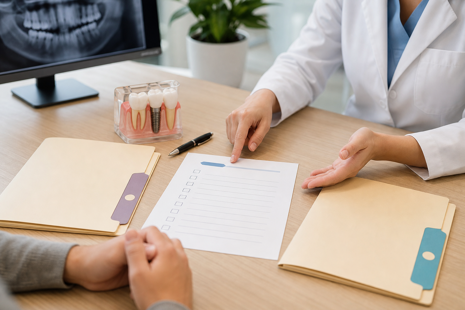 Two provider quote folders and a patient checklist on a dental consultation desk