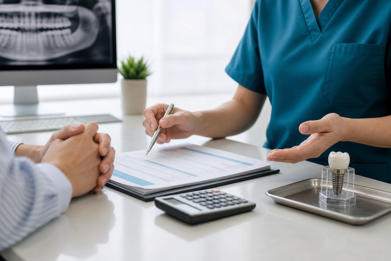 Dental implant consultation desk with treatment estimate, implant model, and calculator for low cost implant budgeting