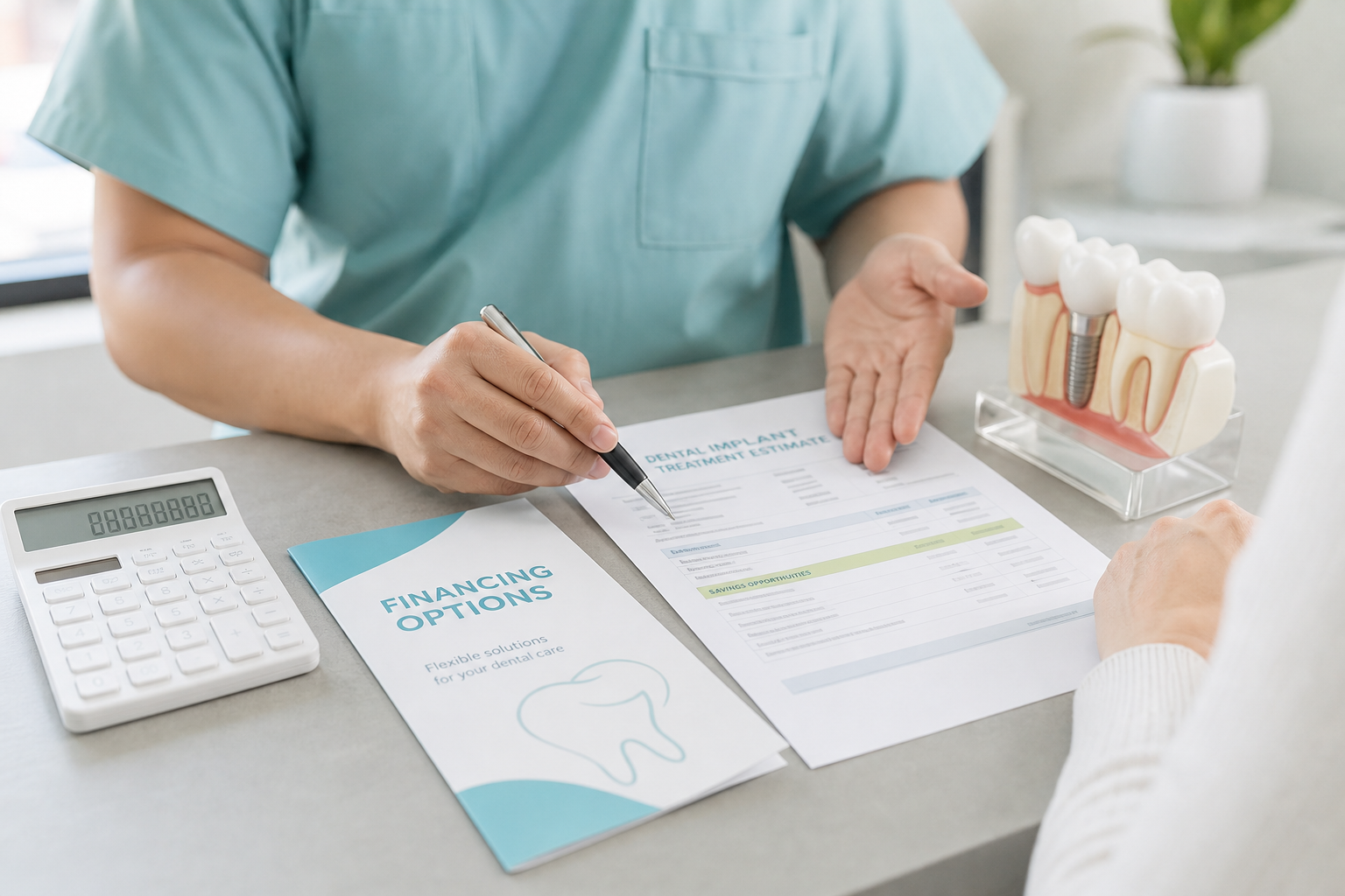 Calculator, financing brochure, and dental implant quote on a consultation desk highlighting savings opportunities