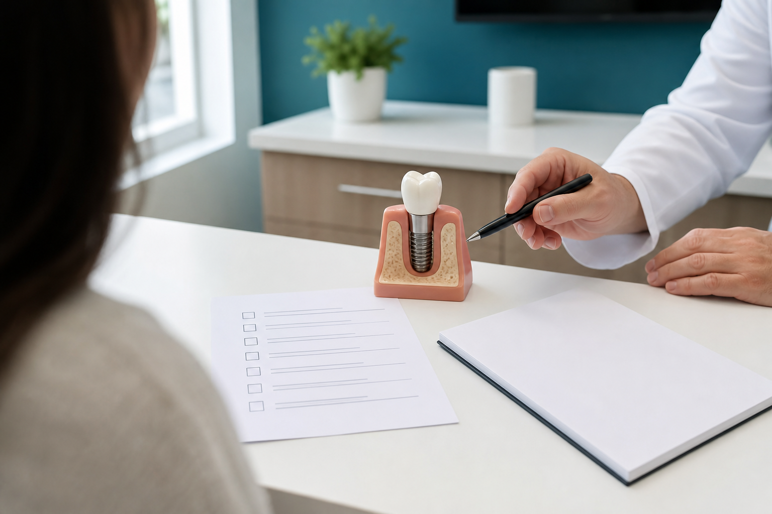 Patient checklist, dental implant model, and consultation notes on a clean clinic table
