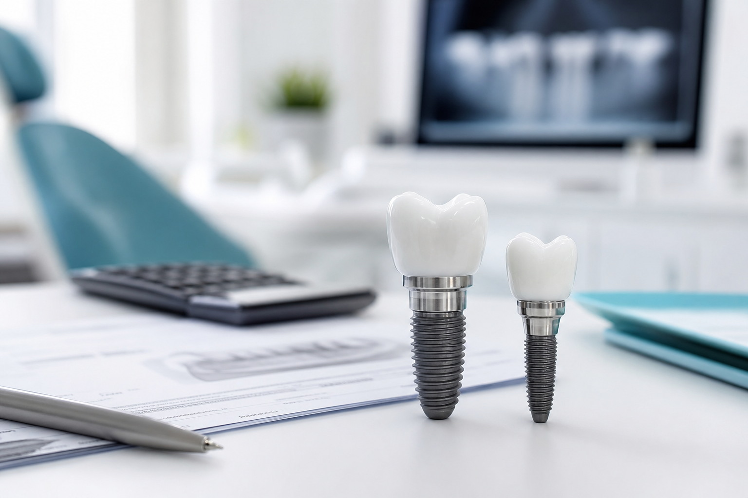 Dental implant consultation desk with treatment estimate, implant models, and calculator